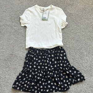 H&M Ribbed White Top/Floral Black Skirt Set- NEW